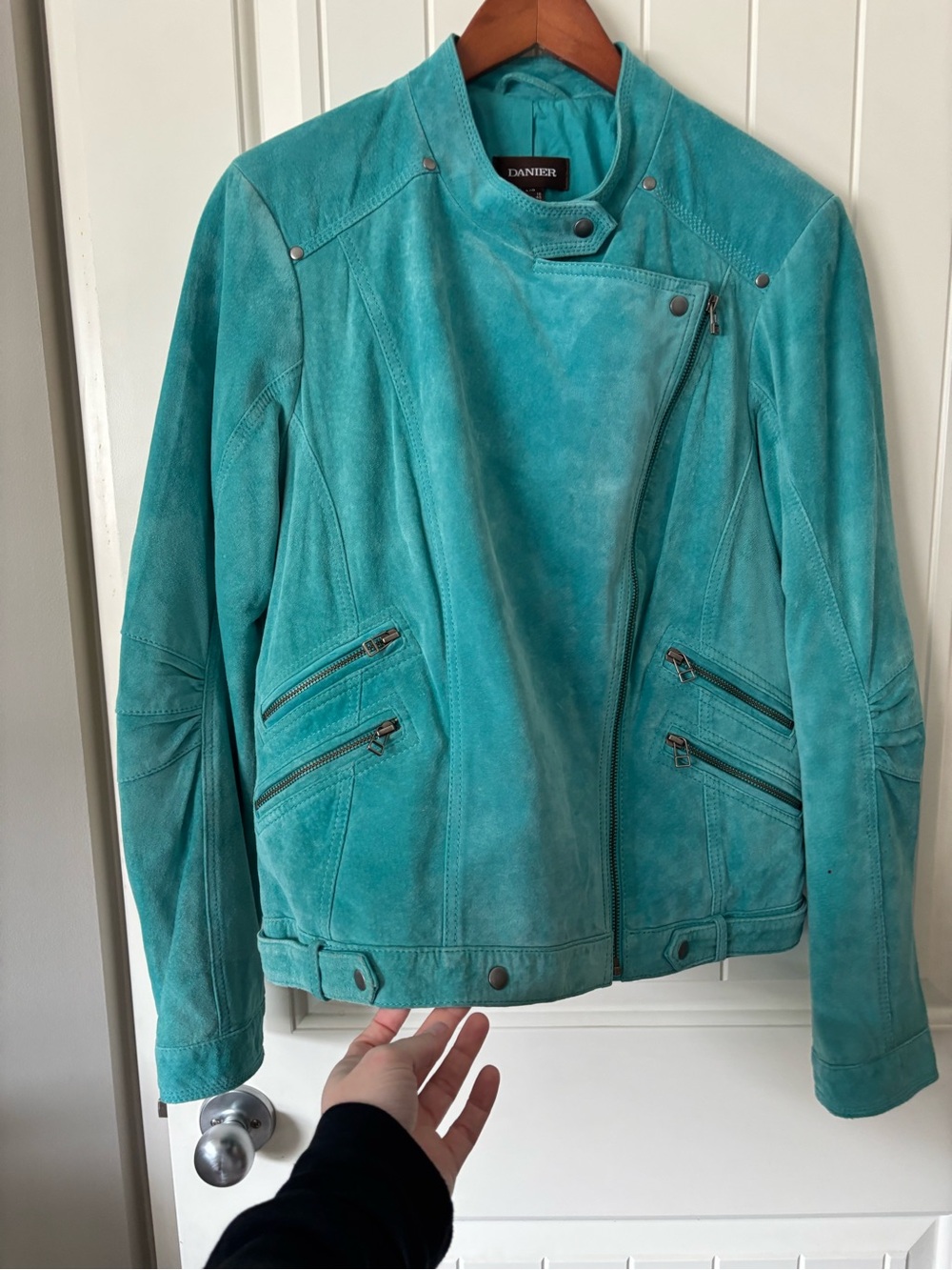 🩵 Danier Teal Turquoise Blue Suede Leather Moto Jacket L/G